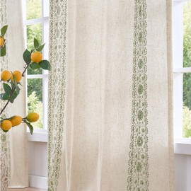 jinchan Weslie Boho Lined Linen Curtains for Bedroom Sage Green Vintage Floral Farmhouse Curtains 84 Inches Long Linen Drapes for Living Room Embroidered Drapes Sage on Beige 2 Panels