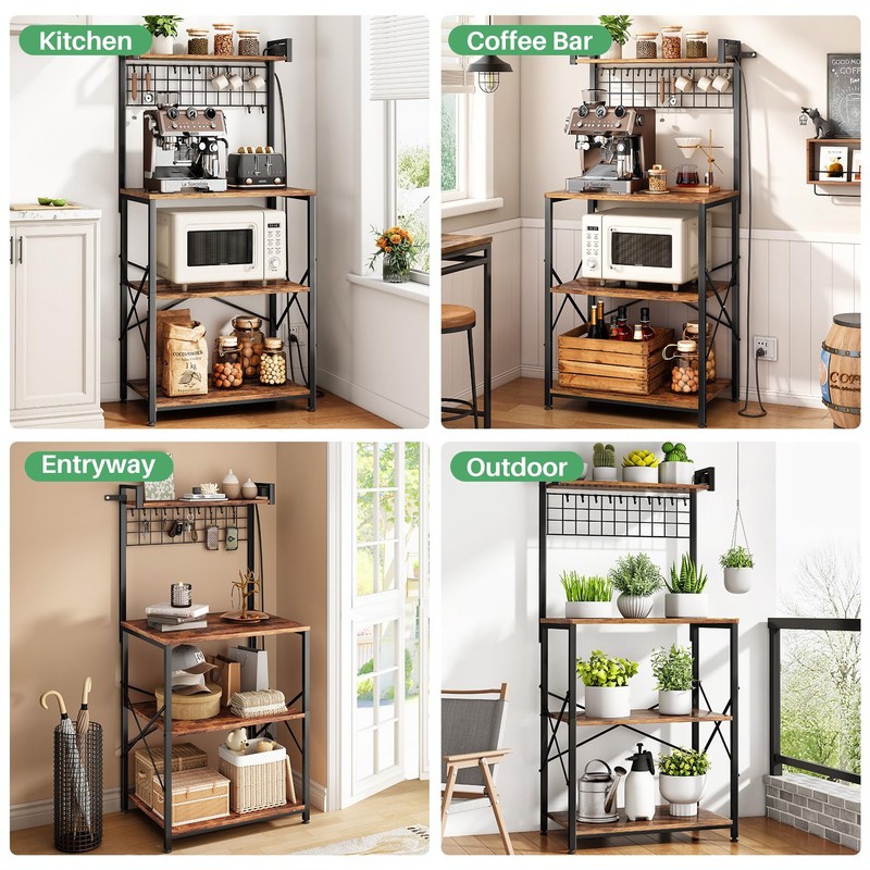 SNTD Bakers Rack with Power Outlet, Kitchen Shelves Microwave Stand