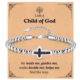 Cross Bracelets for Men - Beaded Rosary Bracelet Christian Cross Link Chain Non Tarnish Silver Stainless Steel Mens Bracelet Religious Catholic Faith Jesus Easter Jewelry Gift for Boyfriend Dad Son