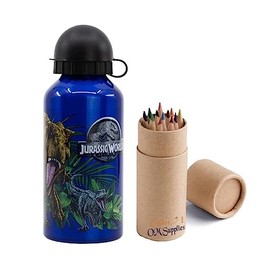 OM SUPPLIES Jurassic Characters Aluminium Sports Bottle 400ml - Holiday, Back to School Water Drinking Kids Lunch Children Includes Half Size 12pcs (Jurassic)