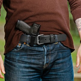 YOETEY Leather Gun Belt for Men - 1.5" Carbon Fiber Black Concealed Carry Belt - Heavy Duty & Durable
