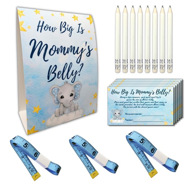 WillaBees Measure Mommys Belly Baby Shower Game How Big is the Baby Bump? Game 64 Piece Blue Elephant Baby Shower Games Includes Sign 50 Playing Cards 10 Pencils 3 Baby Measuring Tape Baby Sprinkle