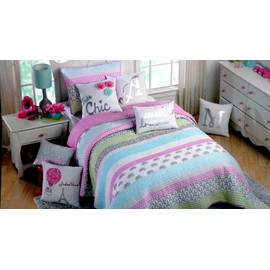 Cynthia Rowley Girls 2 Piece Twin Quilt Set Bicycles Eiffel Towers Geometric Scenes of Paris