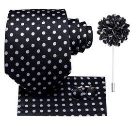 Hi-Tie Mens Tie Lapel Pin Set Pocket Square Cufflinks Woven Silk Ties for Men Wedding Formal,Black White Dots