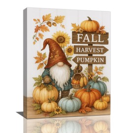 Fall Wall Decor Harvest Pumpkin Signs Gnome Wall Art Autumn Farmhouse Canvas Pictures Painting Rustic Country Artwork Framed Decoration for Living Room Bedroom Dining Room Office Gifts 12"x16"