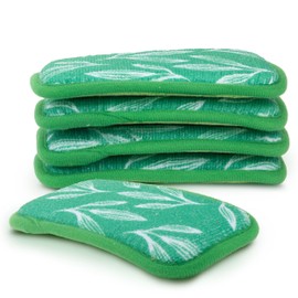 Simplified 5-Pack Scrub & Wipe 2-in-1 Dishwashing Sponges - Non-Abrasive Cleaning Sponges, Double-Sided - Safe for Dishes, Non-Stick Pans or Glassware, Absorbent Dish Sponges, Green Leaves