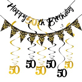 Melhope 50th Birthday Party Decorations Black and Gold Happy Birthday Bunting Banner Triangle Flags with 6pcs Hanging Swirls Streamers for Men Party Decor Supplies