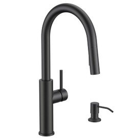FORIOUS Kitchen Faucet with Soap Dispenser, Modern Matte Black, Single Handle High Arc Stainless Steel Kitchen Sink Faucet with Pull Down Sprayer, 1 or 3 Hole Deck Mount for RV, Laundry, Outdoor