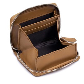 Round Sheep fas22 Mini Wallet, Coin Case, Cowhide Leather, Coin Purse, Box Type, Men's, Women's, Anti-Skimming, Luxury, Stylish, Compact, Khaki