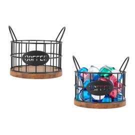 Gzsekken Coffee Pod Holder,Coffee Storage Basket for Counter Coffee Pod Storage with Rustic Wooden Base,Black Wire Coffee Storage Basket K Cup Holder,Coffee Bar, Coffee Station Organizer-2 Pack