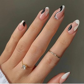 Almond Press on Nails Medium Length Fake Nails Full Cover French Tip False Nails with Black White Swirls Designs Glossy Nude Artificial Acrylic Nails for Women and Girls Summer DIY Nail Manicure