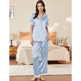 Ekouaer Womens Silk Satin Pajamas Set Button Down 2 Piece Pjs Short Sleeve Long Pants Sleepwear Lounge Set, Blue Stripe, S