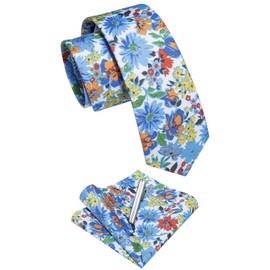 YourTies - Juego de corbata de algodón con estampado floral de 2.5 pulgadas para hombre, con caja de regalo, Azul Floral, Talla única