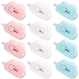 BOSMIOW 12 Pieces Cloud Shaped Mini Utility Knife,Retractable Box Cutter,Portable Letter Opener,Pocket Knives with Keychain Hole,Colorful Mini Art Cutter for DIY Crafts,3 Colors