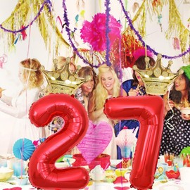 40 Inch Gold Crown Number 27 Balloons, 27th Birthday Balloons for Men Women, Red 27th Celebration Decor Happy 27th Birthday Party,27th Birthday Party Decoration Wedding Anniversary Events Supplies