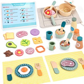 Wooderma Wooden Play Cooking Set, Wooden Kitchen Toys，Play Kitchen Accessories, Wood Food for Play Kitchen with Play Plates, Cookware, Pots, Fake Food, Gifts for 3 4 5 6 Years Old Girls Boys