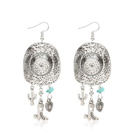 Cowgirl Earrings for Women - Western Cowboy Hat Dangle Earrings with Cactus & Boot Charms, Silver Western Jewelry for Country Concert Outfits