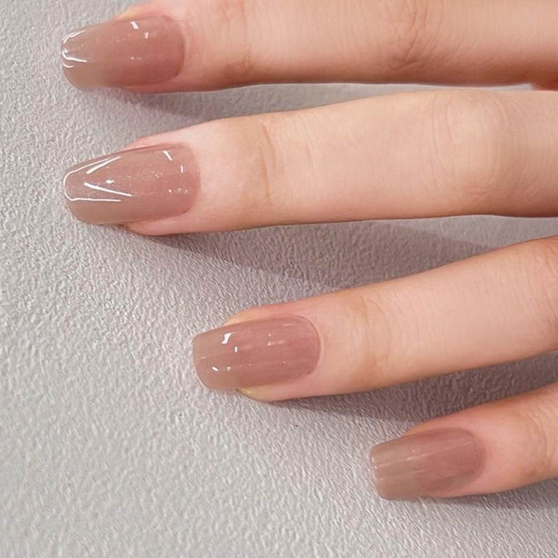 24 Pcs Short Square False Nail French Nude Pearlized Fine