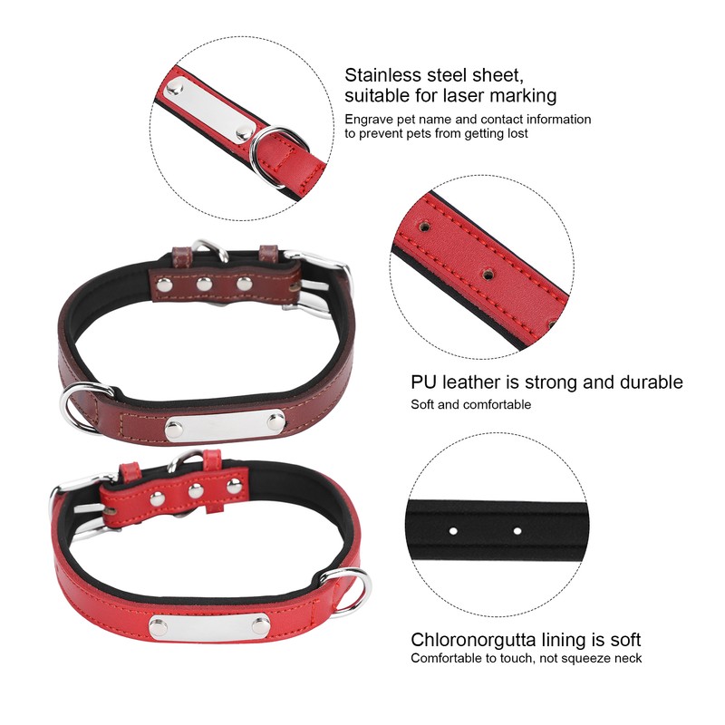 2pcs Pet Collar with Engraved Nameplate ID Tag Cowhide Padded