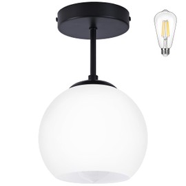 Bagood Black Semi Flush Mount Ceiling Light Fixture Milk Glass Light Fixture Mid Century Flush Mount Ceiling Light Black Flush Mount Ceiling Light Schoolhouse Light Fixture for Dining Room(Bulb Incl.)