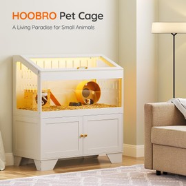 HOOBRO Large Hamster Cage, Acrylic Hedgehog Cage with Storage Cabinet and Led Light Strip, Big Hamster Enclosure with Flip-Top Lid, Easy to Clean, 39.4" x 18.9" x 42.5", White WT01AC03G1