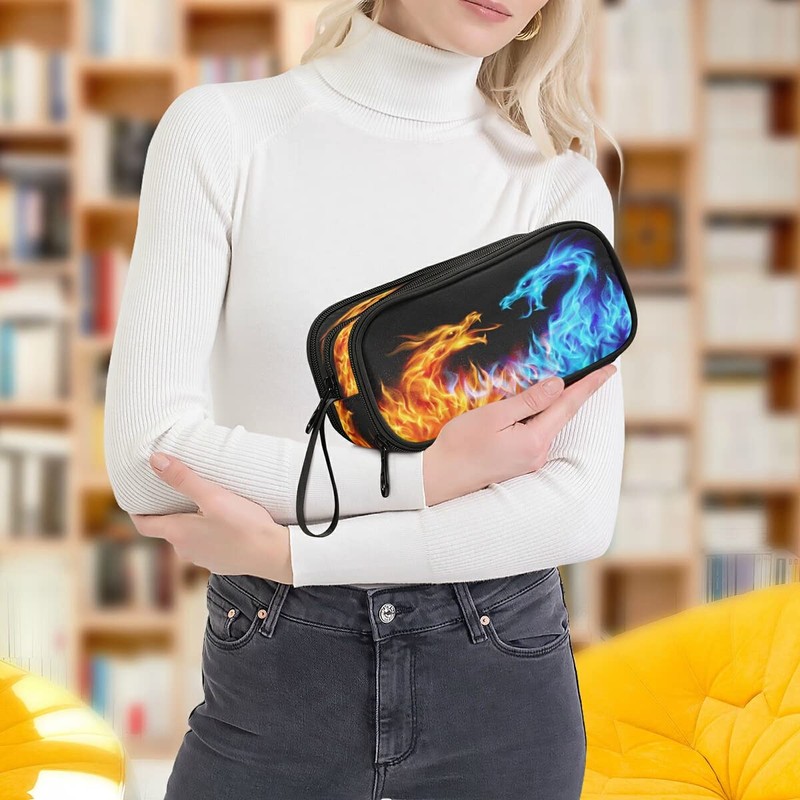 Big Capacity Pencil Case Abstract Cool Dragon Fire 3 Compartment