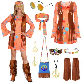 TOSZOLY Hippie Costume Women's Hippie Clothing Women, 70s Outfit Clothing with Vest Hippie Accessories, 60s 70s Hippie Dress for Carnival Cosplay (M)