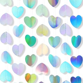 65.6Ft Iridescent Disco-Holographic Silver Love-Heart Garland, Love-Heart Party Streamers Banner Hanging Decoration for Wedding Bridal Shower Birthday Bachelorette Engagement Valentines Decor