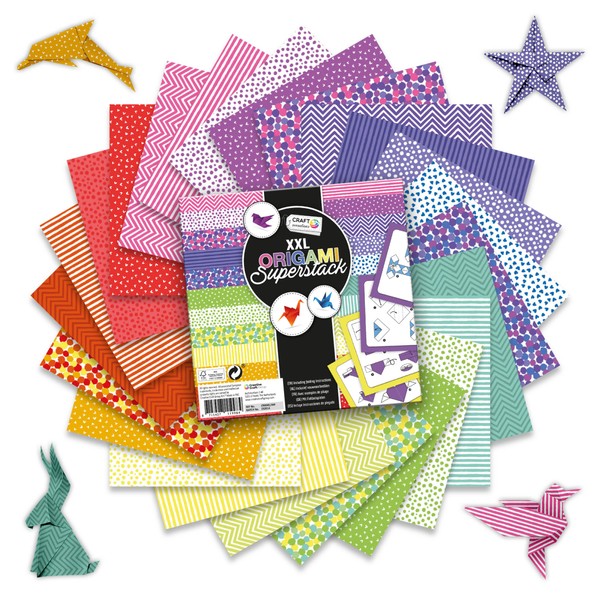 Craft Sensations Colourful Origami Paper Craft Set 15 x 15 cm - 408 Origami Sheets - Unique Designs - Includes Extensive Origami Instructions with Numerous Origami Shapes | Folding Paper Set