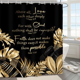 Yookeb Black Gold Bible Bathroom Shower Curtain 60W by 71H Inch Tropical Palm Christian Quotes Inspirational Motivational Positive Polyester Fabric 12 Plastic Hooks Waterproof Decor