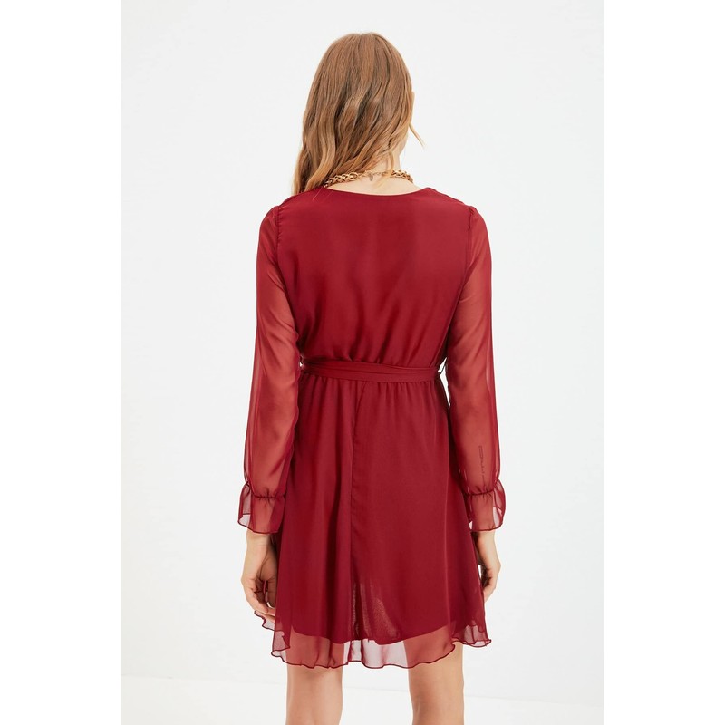 TRENDYOL Women's Midi Ruffle Hem Fitted Dress, burgundy