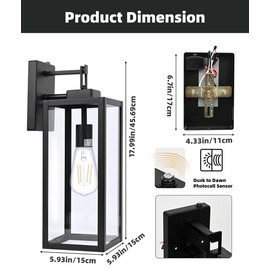 Large Size Wall Lights Outdoor Dusk to Dawn, 18 Inch Outdoor Wall Lantern, 2 Pack Wall Mount Light, Exterior Wall Sconce Light Fixture for Porch Patio, Sensor Outdoor Lighting with E26 Socket