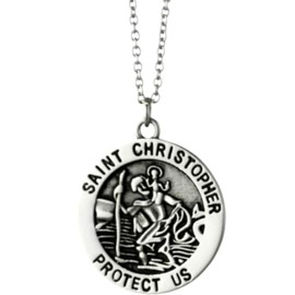 Royal Swan Large Antique Silver, Double Sided St Christopher (30 mm) Necklace on a 22'' Sterling Silver Plated Chain in a Velvet Jewelry Bag