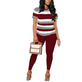 HBQ Women 2 Piece Outfits Summer Short Sleeve Stripe Tops and Bodycon Pants Tracksuits Biker Workout Jogger Sets L