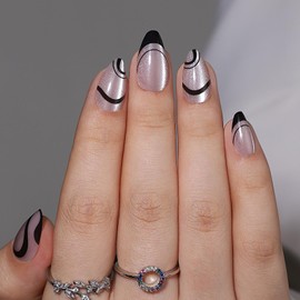 Press on Nails Short Almond Fake Nails Black Line False Nails with Designs Curve Stripe Acrylic Nails for Cat Eye, Reusable Artificial Glue on Nails for Women Girls 24Pcs Nails Kit