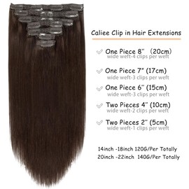 Caliee Human Hair Extensions Clip ins 16Inch 7PCS 120G Remy Human Hair Clip in Extensions 2A Light Dark Brown Straight Natural Hair Extensions with 16clips Per Pack for Women