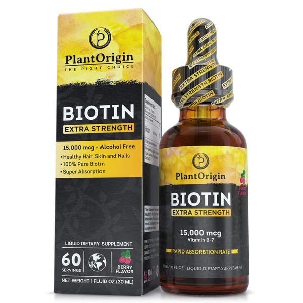 PLANTORIGIN Extra-Strength 15000mcg Biotin Liquid Vitamin Drops - Supports Hair Growth, Glowing Skin & Strong Nails, Alcohol-Free & Kosher, Berry Flavor - 5X Better Absorption, 60 Servings