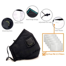 TK FASHION MASK Premium Cotton Reusable Washable Face Mask with Breathing Valve & Filter Pocket (Included 5 FREE Filters) (Black, 1 Piece)