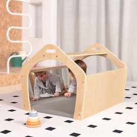 KRAND Wooden Playhouse for Toddlers w/Double Non-Shatter Safety Mirrors, Montessori Crawling Tunnel/Crawl-Through Play Set for Children and Kids, Daycare and Preschool Playroom(with Cushion)