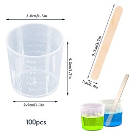 100pcs 30ml Plastic Measuring Cups, Paint Mixing Cups, Clear Scale Cups Liquid Measuring Mixing Cups for Lab Kitchen Liquids with 100 Wood Sticks