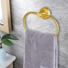 Eolax Towel Ring for Bathroom, Towel Bar Hangers Wall Mount, Stainless Steel Hand Towel Holder, Modern Round Towel Hanger, Gold 2 Pack