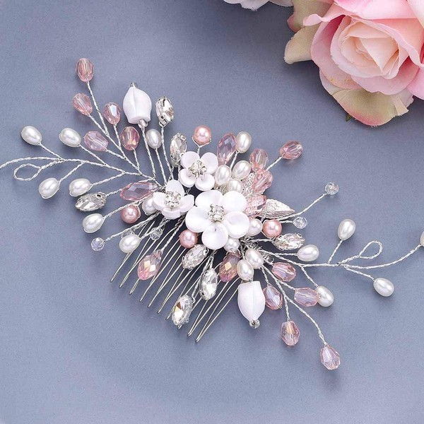 Vakkery Flower Wedding Hair Comb Silver Crystal Bride Headpiece Pearl Bridal Hair Accessories for Women and Girls