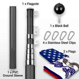G128 Combo Pack: 25 Ft Telescoping Aluminum Flagpole (Black) & American and Iowa Deluxe Flags 3x5 Ft, Both ToughWeave Series Embroidered Polyester | Pole with Flags Included