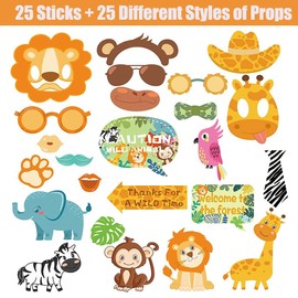 Pack of 25 Party Photo Booth Props Jungle Animals Themed Summer Party Photo Booth Props with Sticks and Glue for Holidays, Weddings, Children's Birthdays, Beach Parties, Summer Party