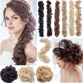 Long Fluffy Messy Bun Hair Piece Scrunchy DIY Wrap around Touseld Updo Hair Extensions Ponytail Curly Wavy Chignon Hairpieces Blonde Highlight