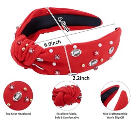 CAVETEE Football Headband for Women, Red Wide Rhinestone Pearl Football Embellished Knotted Headband, Top Knot Hairband Headpiece Game Day Sports for Football Sports Fan Gifts