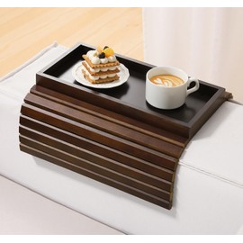 Kssiaz Couch Arm Tray, Bamboo Sofa Table for Couch, Sofa Armrest Tray Table, Anti-Slip Armrest Organizer, Foldable Couch Cup Holder for Snacks, Phone, Control, Cups, Brown