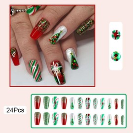 Christmas Press on Nails Square Christmas Tree Red Green Glitter Fake Nails Glossy False Nails with Christmas Candy Designs Christmas Ribbon Acrylic Nails Full Cover False Nails for Women 24Pcs