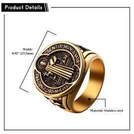 JewelryWe Saint Benedict Medal Ring: Men Gold Stainless Steel Catholic Signet Ring Religious Cross Exorcism Jewelry Gift Rings Size P1/2-Z1/2