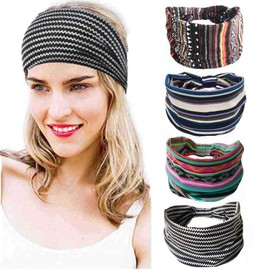 Bohend Boho Wide Headbands Black Stretchy Hair Bands Bohomian Knotted Headwear Yoga Headband Cotton Sport Head bands for Women and Girls(4 Pack)
